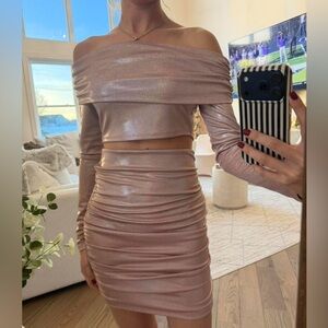 Shimmering Pink Off-Shoulder Skirt Set